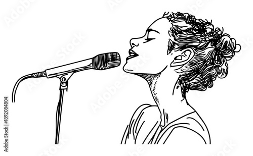 woman singing into microphone ink drawing