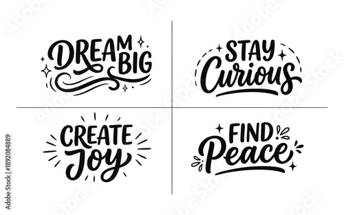 Inspirational phrases on white background with decorative text styles