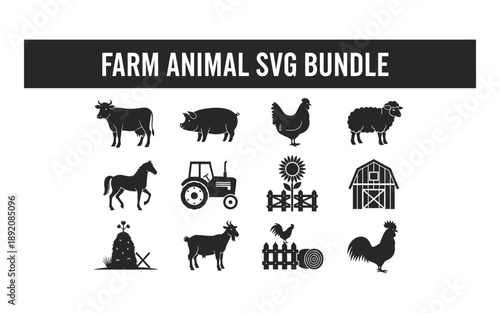 Farm animals and equipment illustrations in a bundle on white background
