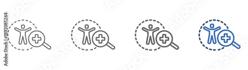 
outline icon set body check with person design, magnifying glass and plus sign