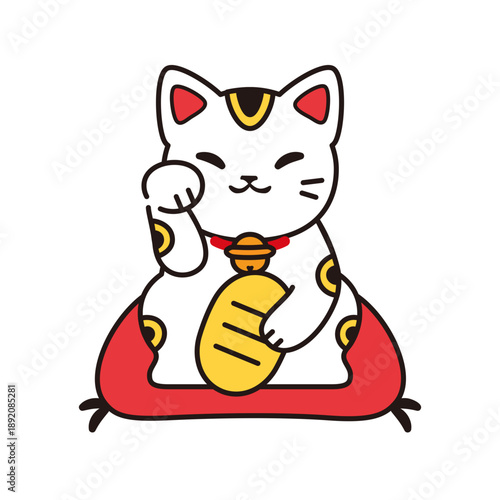赤い座布団に座る招きねこ　金運と幸運を願うベクターイラスト