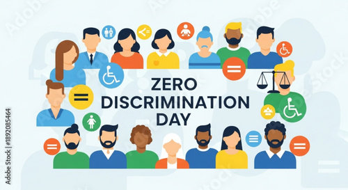 Diverse people celebrate zero discrimination day with equality symbols