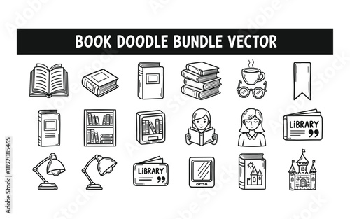 A collection of illustrations shows people reading books in a library setting.