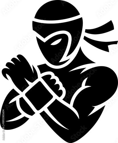 Ninja character silhouette with crossed arms in bold minimalist vector style. Ideal for gaming logos, esports teams, martial arts branding, and modern illustrations.