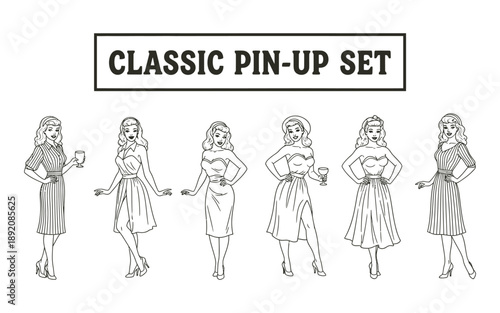Vintage pin-up girls illustrated in various poses with dresses and heels.
