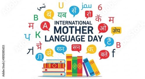 International mother language day celebration with colorful books and language symbols