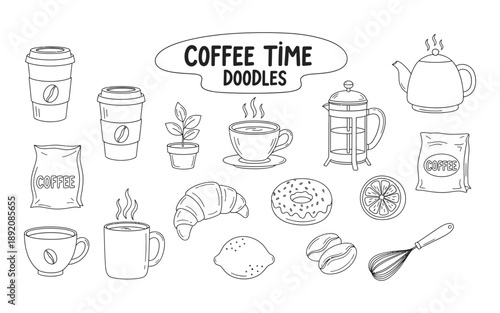 Illustration of coffee time doodles with cups and pastries around