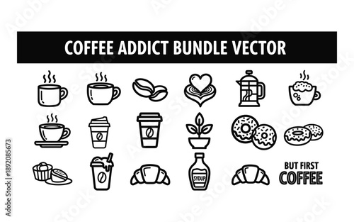 Coffee icons and food items arranged on a flat surface indoors.