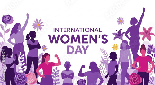 Empowered women celebrating international women's day with flowers and raised fists in purple and pink hues