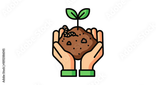 Hands Nurturing a Seedling from Soil, Minimalist Illustration of Growth, Renewal, and Care in a Clean Setting
