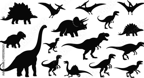 Dinosaur silhouette collection with flying and land prehistoric reptiles isolated on white background, jurassic creatures vector illustration
