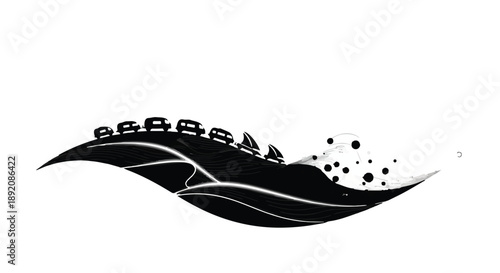 Roller coaster cars ascend a track against a backdrop of abstract splashes