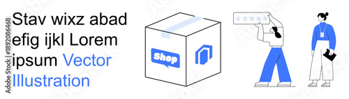 Online retail, shipping logistics, customer reviews, professional services, product satisfaction, workplace interaction. A delivery box, customer reviewing stars, and a professional worker
