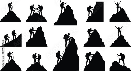 Mountain climbing silhouette collection with hikers reaching summit isolated on white background, adventure teamwork success motivation illustration