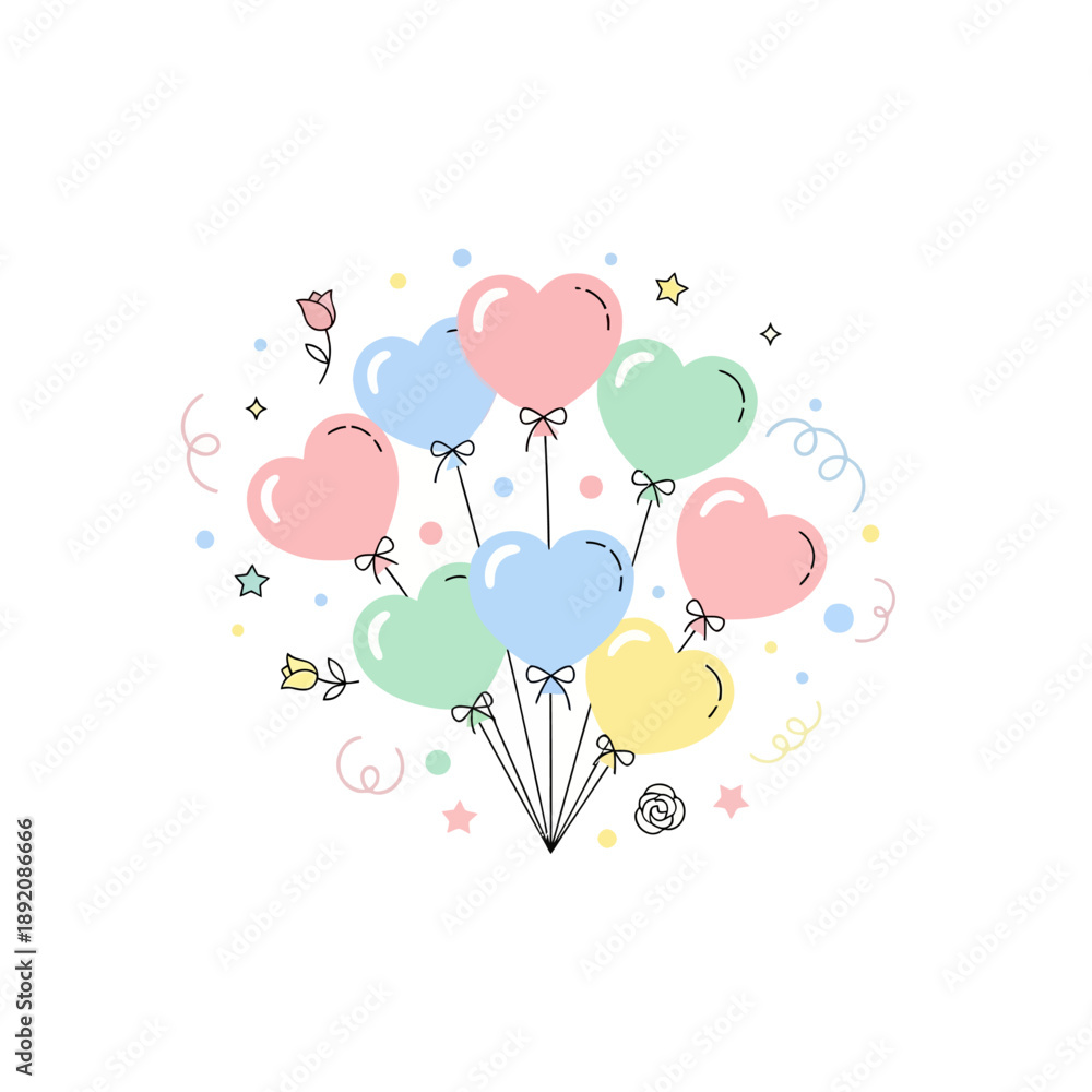 Naklejka premium Heart-shaped balloons in pastel colors tied with ribbons, floating with confetti