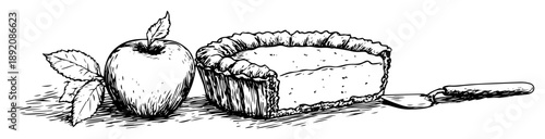apple pie slice with whole apple and leaves drawing