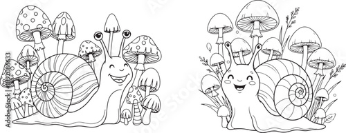 Cute Snail with Mushrooms Line Art Illustration for Coloring Page. Cute cartoon snail with mushrooms and leaves isolated on white background
