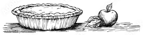 whole apple pie with apple and leaves drawing