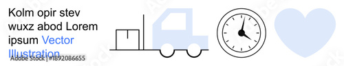 Logistics, time management, shipping, scheduling, efficiency, transport. A truck icon alongside a clock and heart silhouette. Logistics and time management with clear symbols