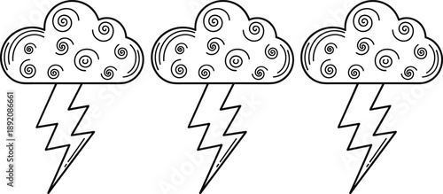 Thunderstorm cloud line art illustration with lightning bolts isolated on white background, weather storm symbol drawing set