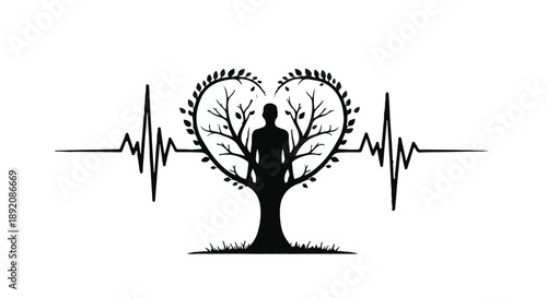 Silhouette of a person within a heart-shaped tree, symbolizing life and love, superimposed on a heartbeat line.