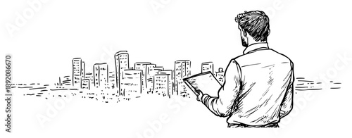 man with tablet looking at city skyline drawing