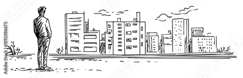 businessman looking at city skyline sketch
