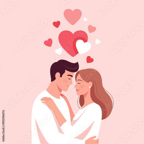 Romantic Illustration of a Young Couple in a Tender Embrace, Surrounded by Floating Hearts Expressing Love and Affection