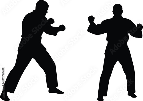 Two martial arts fighters silhouette facing each other isolated on white background, combat training self defense sport illustration