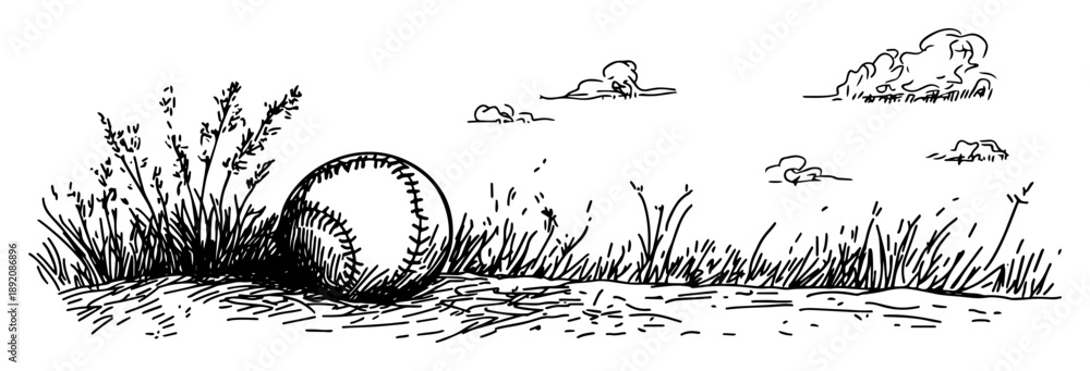 Obraz premium baseball lying in grass outdoor scene drawing