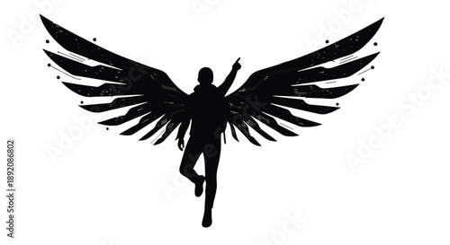 Silhouette of a person with large, dark wings reaching upwards, symbolizing aspiration and freedom.