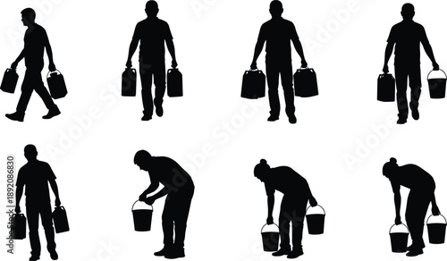 Worker carrying water buckets silhouette collection isolated on white background, manual labor daily activity industrial people illustration