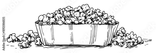 bucket of popcorn with scattered kernels sketch
