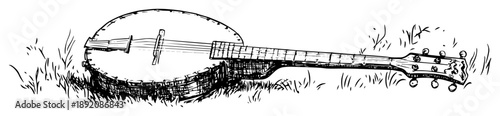 banjo lying in grass detailed hand drawn sketch