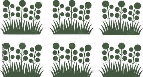 Green grass and round leaf plants illustration, minimalist garden foliage design, natural landscape elements, flat botanical vector artwork