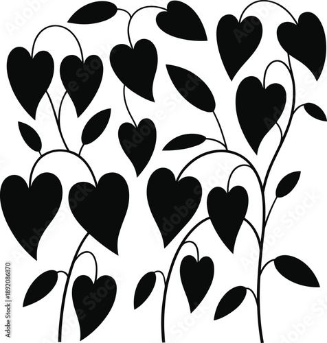Heart shaped leaf vines illustration, romantic botanical pattern, black floral silhouette design, love themed nature artwork, minimalist decorative vector