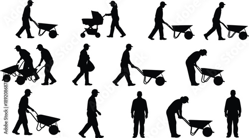 Worker silhouette collection with wheelbarrow and manual labor activities isolated on white background, construction gardening industrial work illustration