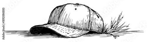 baseball cap resting on ground hand drawn sketch