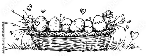 easter eggs in basket with flowers and hearts