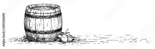 wooden barrel with apples on ground illustration
