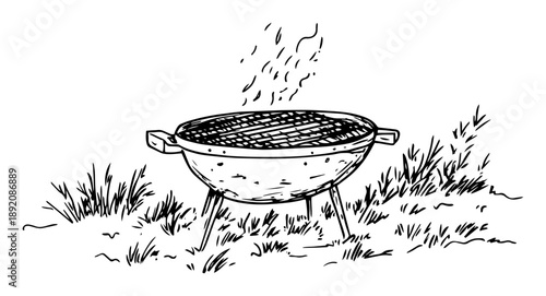 charcoal grill on grassy ground with smoke sketch
