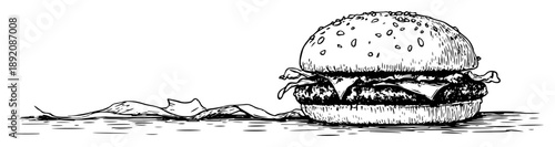 burger sandwich on wrapper hand drawn sketch