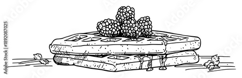 stack of waffles with berries and syrup drawing