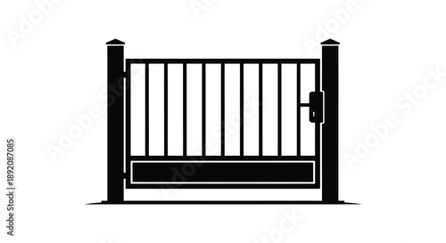 A stark black and white illustration depicts a closed metal gate with vertical bars and a latch high quality professional