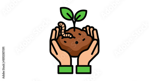 Hands cradling a green seedling, a minimalist illustration of nurturing, growth and renewal in a clean white setting