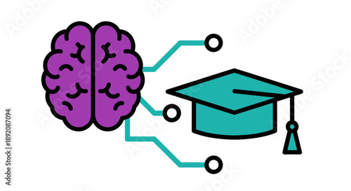 Cartoon illustration linking a purple brain to a teal graduation cap with flowing teal lines, showing knowledge and academic success