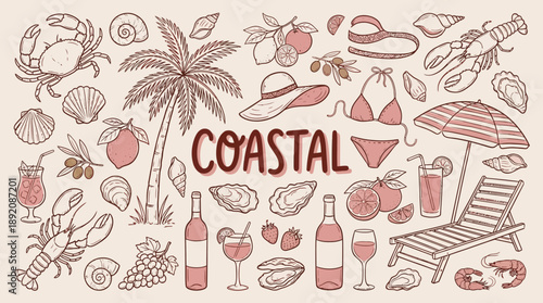 Hand-drawn coastal summer collection featuring line art of seafood, tropical fruits, beach accessories and drinks, concept for holiday advertising, vacation marketing and restaurant menus