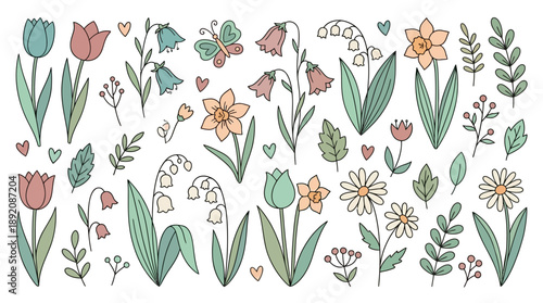 Cute vector doodle spring flower collection including tulips, lilies and daisies on white background, concept for greeting cards, invitations and fabric design