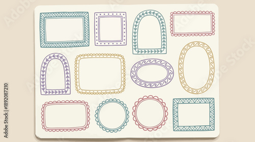 Set of twelve colorful hand-drawn doodle frames with diverse shapes and patterns on a light beige background, concept for invitation design, scrapbooking decoration and social media templates