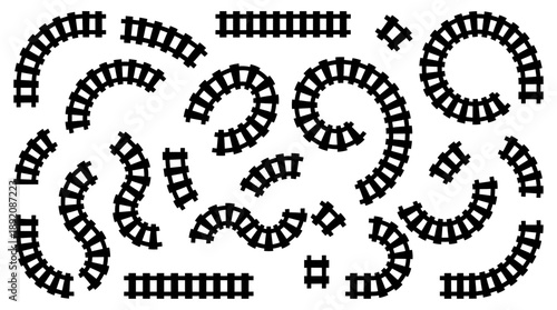 Large collection of black silhouette curved and straight railroad track components on a clean white backdrop, concept for game design, infrastructure modeling and transport maps